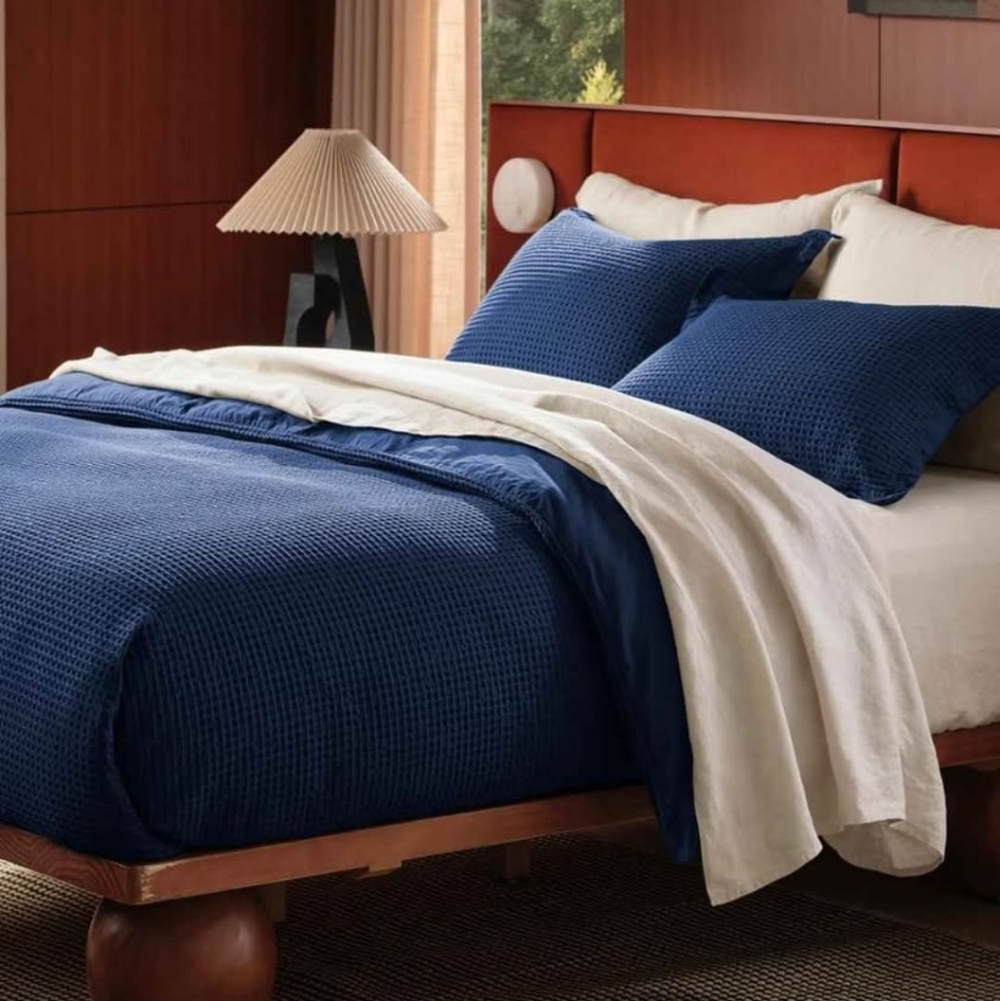 Bedsure Cotton Duvet Cover Set - 100% Cotton Waffle Weave Navy Duvet Cover King